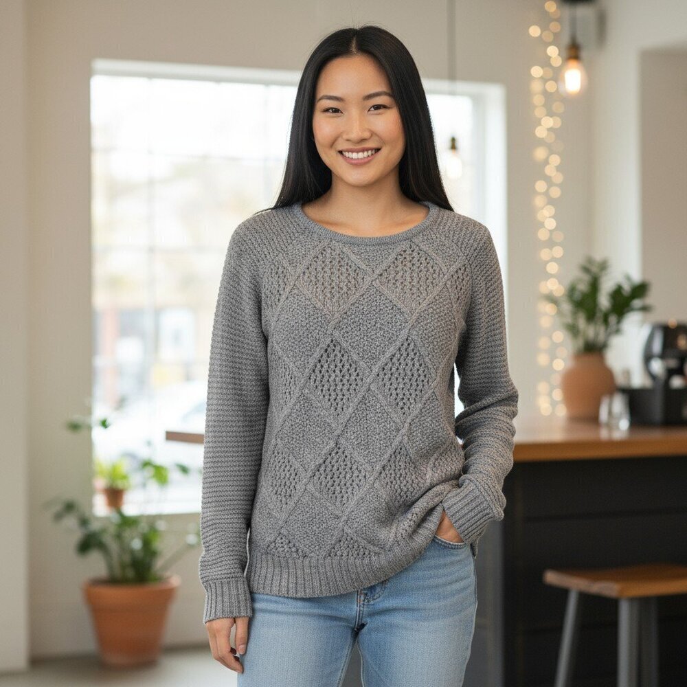 AMERICAN EAGLE SZ M Womens Cotton/Wool Blend Diamond Pattern Knit Sweater Gray